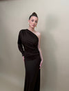 Side view of the Selena Dress highlighting its sleek and refined design