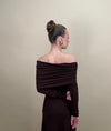 Back view of the Helena Dress showing its refined off-shoulder neckline